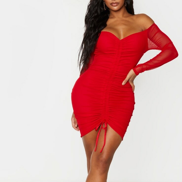 bardot ruched bodycon dress
